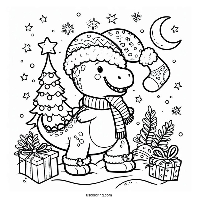 Cute Christmas Themed T-Rex Coloring Page