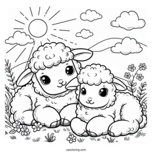 Two Cute Lambs Resting On Grass To Color