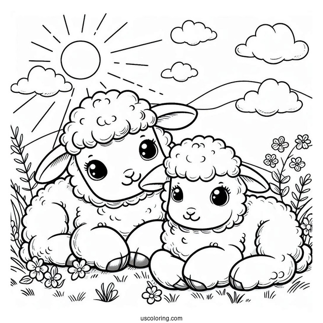 Two Cute Lambs Resting On Grass To Color