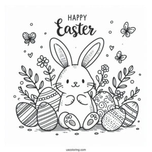 Happy Easter Greeting With Easter Bunny Coloring Page And Eggs