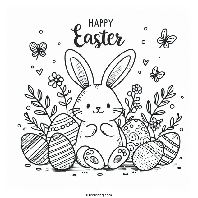 Happy Easter Greeting With Easter Bunny Coloring Page And Eggs