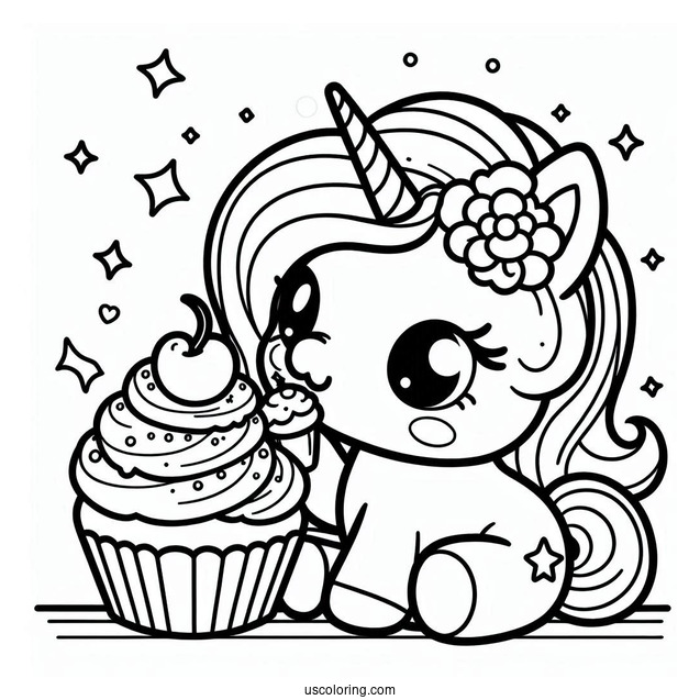 Unicorn My Melody Coloring Page Eating Cupcake