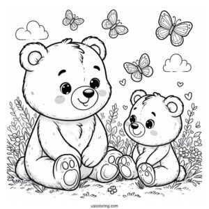 Cute Bear Coloring Page Sitting In Grass With Butterflies