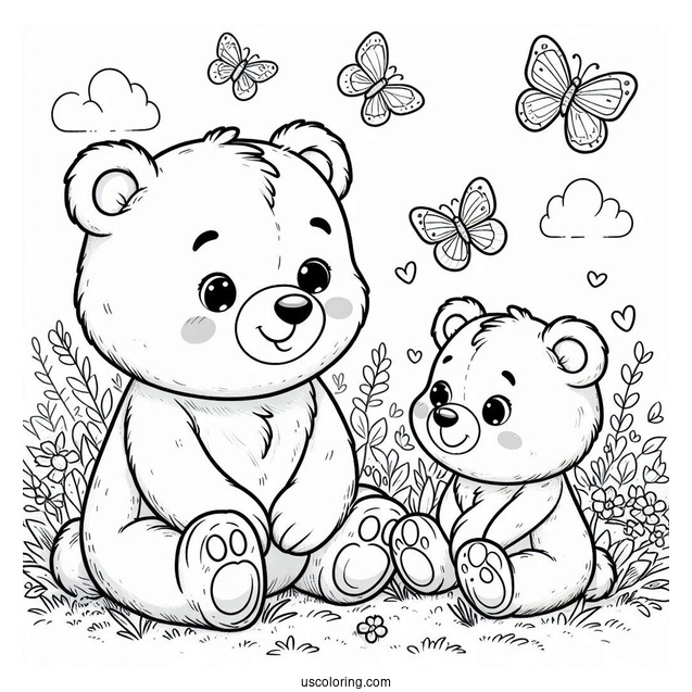 Cute Bear Coloring Page Sitting In Grass With Butterflies