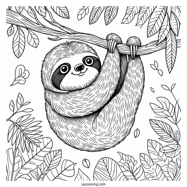 Cute Sloth Hanging From Tree To Color For Kids