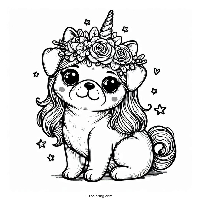 Adorable Pug Coloring Page Wearing a Unicorn Horn and Flower Crown