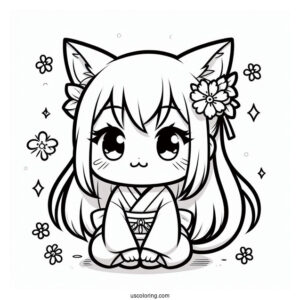 Cute Nezuko Coloring Page With Cat Ears And Tail