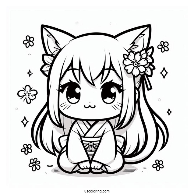 Cute Nezuko Coloring Page With Cat Ears And Tail