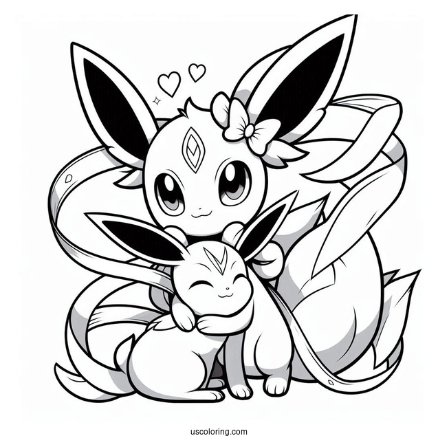 Sylveon Coloring Page Hugging Espeon With Ribbons