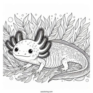 Adult Axolotl Coloring Page Wading Through Seaweed