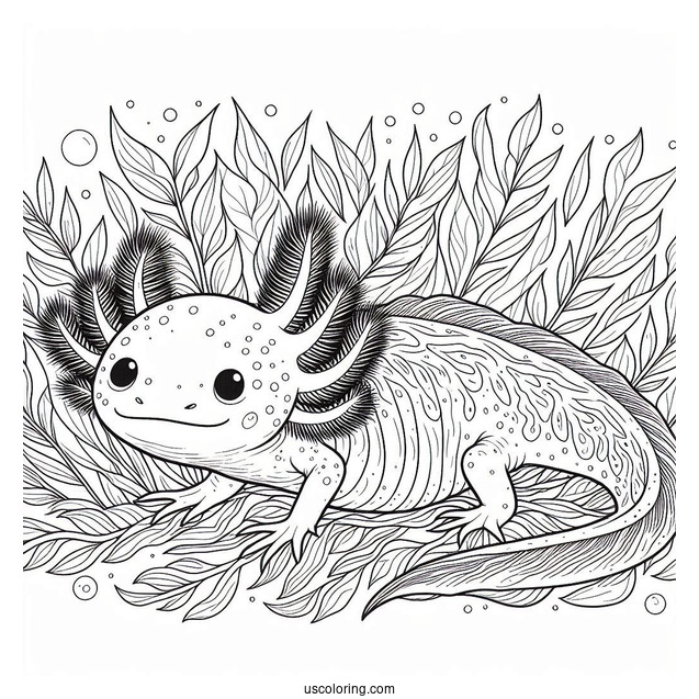 Adult Axolotl Coloring Page Wading Through Seaweed