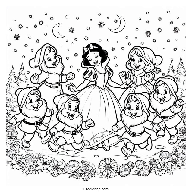 The Seven Dwarves Dancing Around Snow White Coloring Pages
