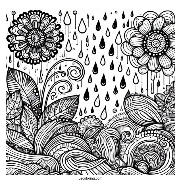 Trippy Rain Coloring Page And Flowers Art