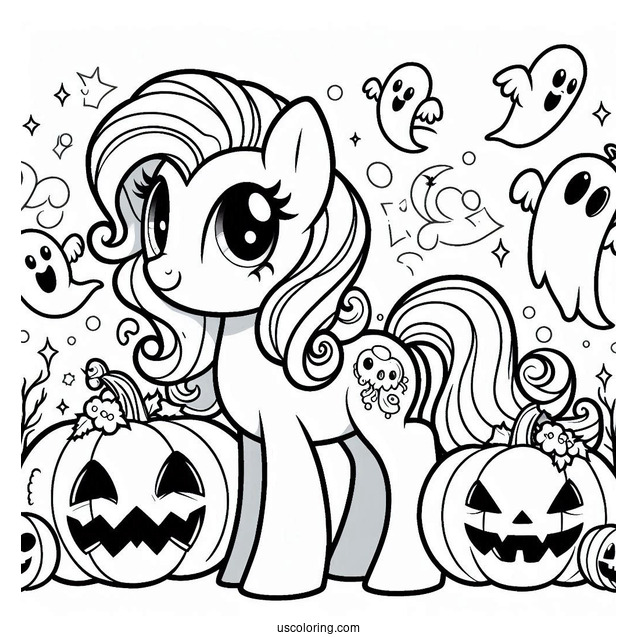 Coloring Sheet of Halloween My Little Pony with Ghosts and Jack-O-Lanterns