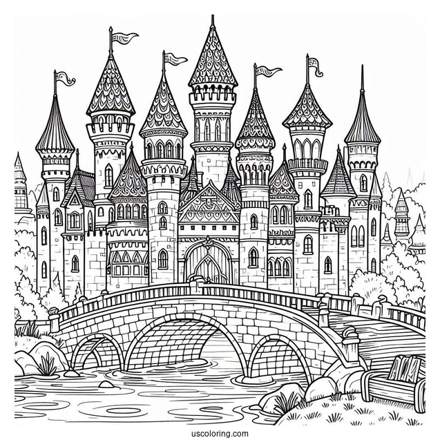 Castle Coloring Page With Bridge Over A River