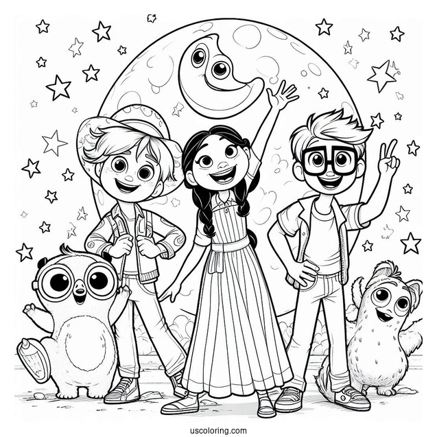 Sing Coloring Page Of Buster Moon With Rosita, Mike, Ash, Johnny, Meena, Gunter, And Eddie