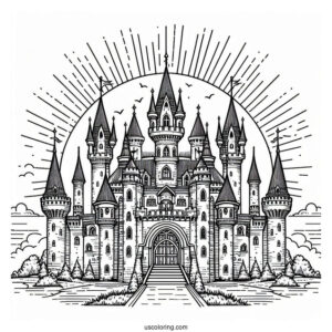 Massive Detailed Castle Coloring Page With The Sun In Background