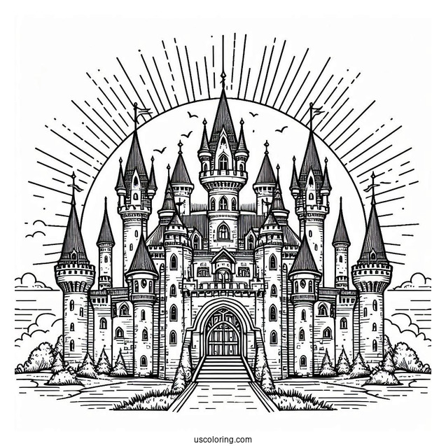 Massive Detailed Castle Coloring Page With The Sun In Background