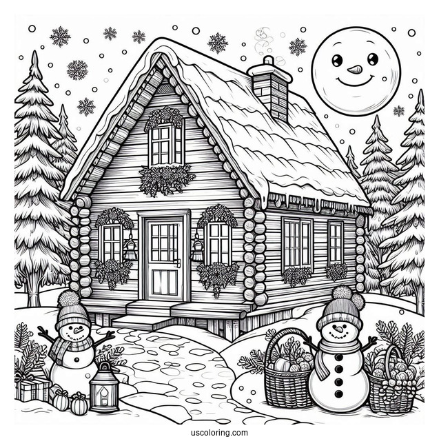 Christmas Coloring Pages For Adults Of Realistic Cabin In Winter With Snowman Outside Coloring Sheet