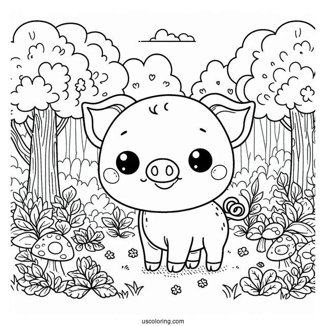 Smiling Piglet Coloring Page In A Forest