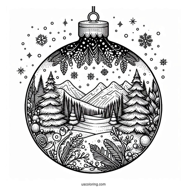 Detailed Winter Landscape Inside Bauble Christmas Ornaments Coloring Page