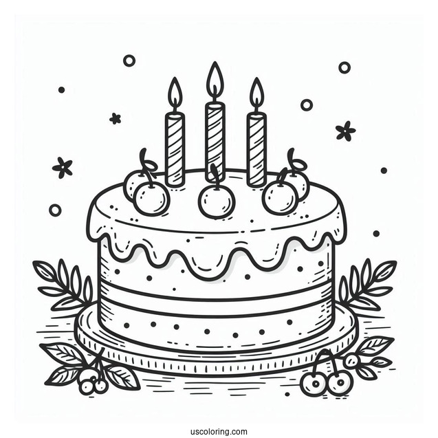 Cute Cartoon Birthday Cake With Candles On Top Coloring Sheet