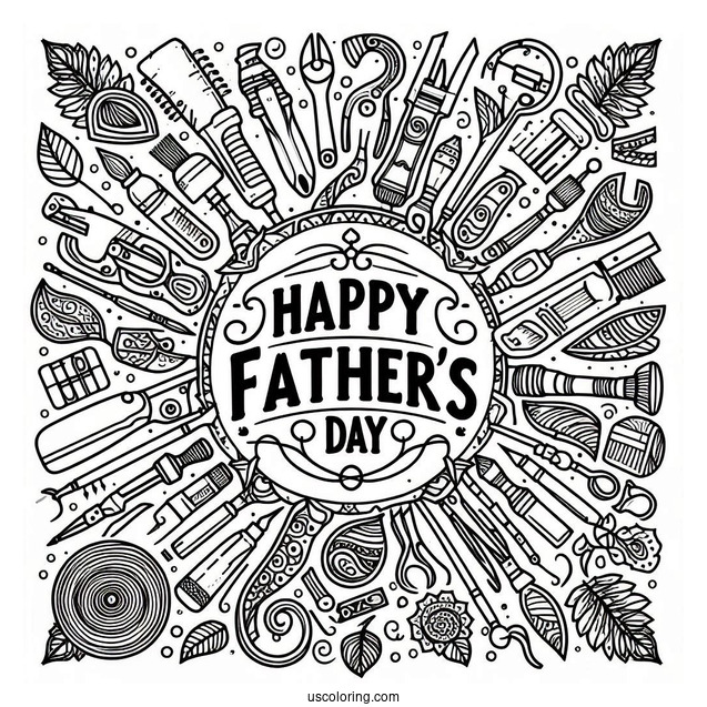 Happy Father's Day Coloring Page Of Words Surrounded By Tools