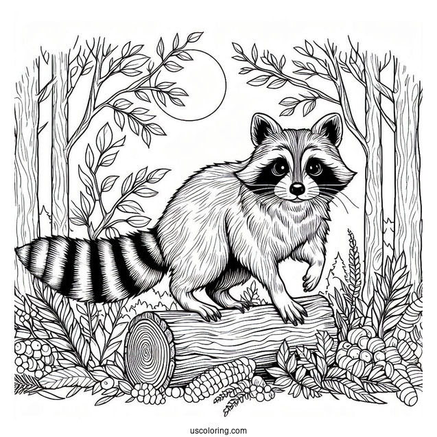Adult Raccoon Coloring Page In A Forest