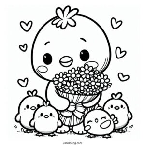 Easy Pochacco Coloring Page Holding Flower Bouquet With Choppy And Chicks