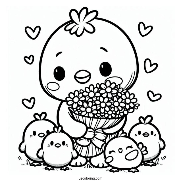 Easy Pochacco Coloring Page Holding Flower Bouquet With Choppy And Chicks