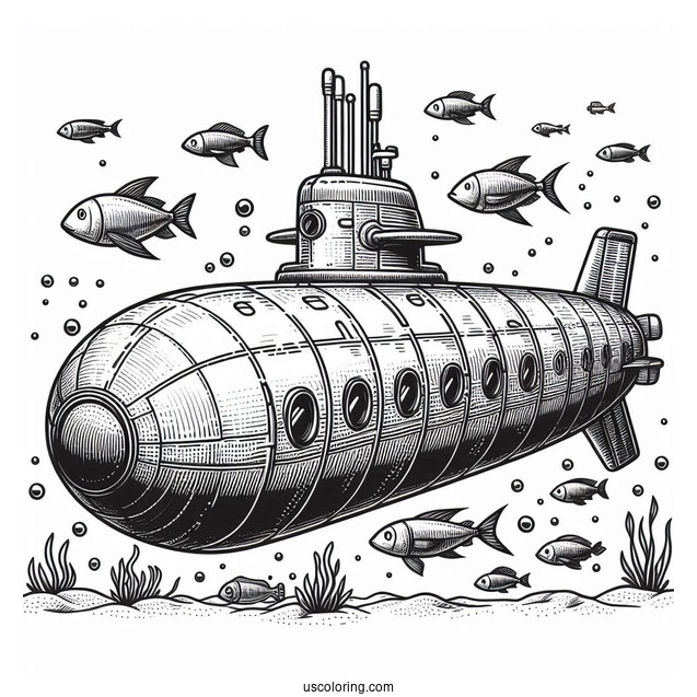Realistic Deep Sea Submarine Coloring Page With Fish