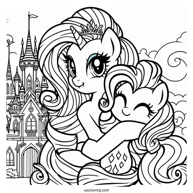 Pinkie Pie Hugging Rarity Coloring Page In Front Of A Castle