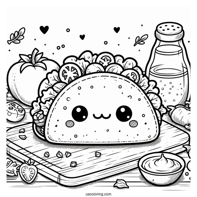 Cute Taco On A Chopping Board Surrounded By Vegetables