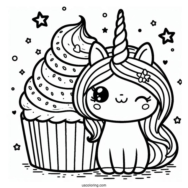 Unicorn Kawaii Cupcake Coloring Picture