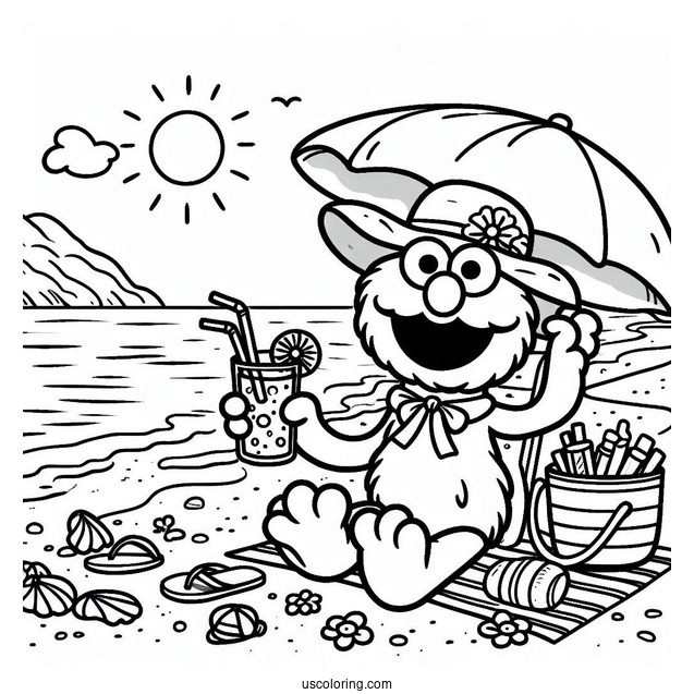Summer Themed Elmo At The Beach To Color