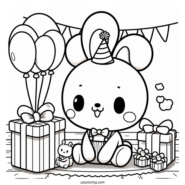 Pochacco Coloring Page Sitting On Floor With Birthday Presents And Balloons
