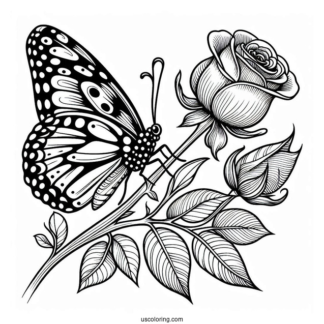 Butterfly Resting On Rose Stem