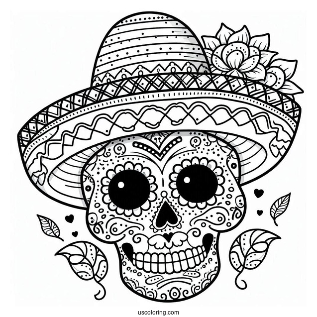 Grinning Sugar Skulls Coloring Page Wearing A Sombrero