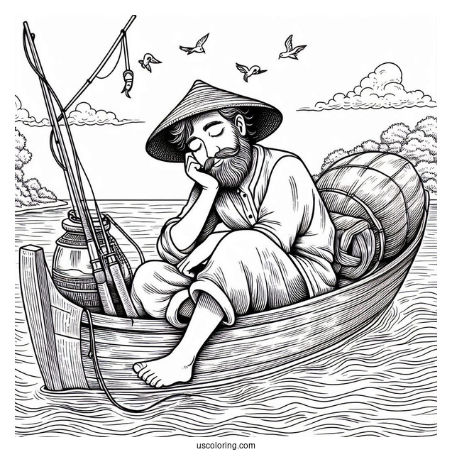 Man Sleeping On A Boat While Fishing Coloring Page In The Sea