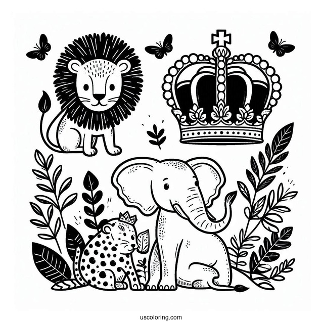 Jungle Animal Crown Coloring Page with Lion, Elephant, and Leopard For Preschoolers