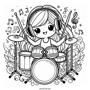 Music Coloring Page Of Cartoon Female Drummer