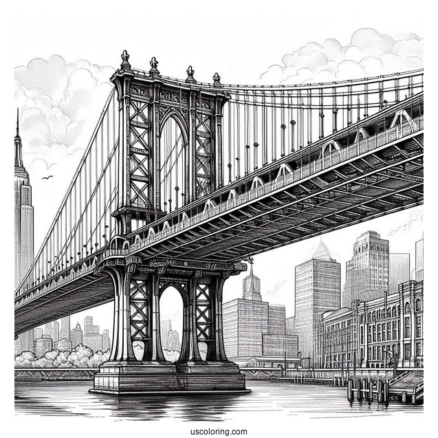 Realistic Manhattan Bridge In New York Coloring Page