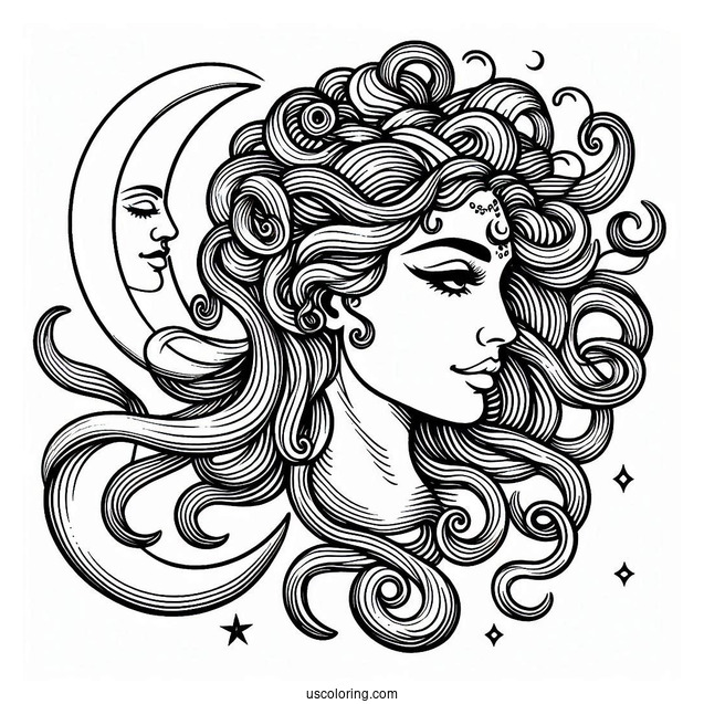 Detailed Medusa Coloring Page Head With Crescent Moon On Forehead