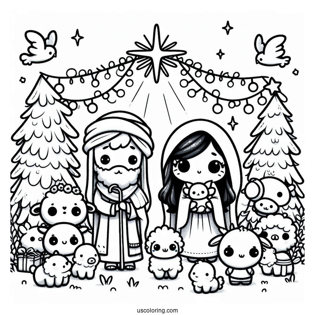 Kawaii Nativity Coloring Page With Animals Surrounding Joseph, Mary, And Jesus For Kids