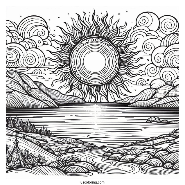 Sun Rising Over The Horizon Coloring Sheet For Kids