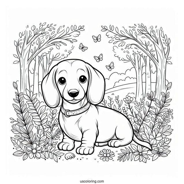 Puppy Dachshund Coloring Page In The Forest