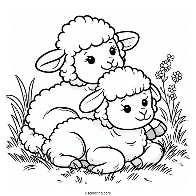 Two Cute Lambs Resting On Grass To Color