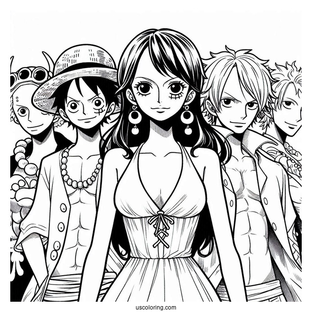 One Piece Coloring Page Of Luffy, Zoro, Sanji, Usopp, And Nami For Kids