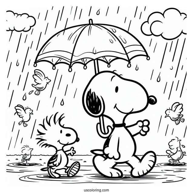Snoopy And Woodstock Walking Under The Rain Coloring Page