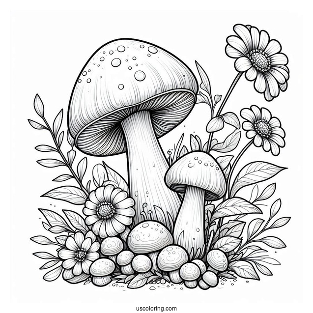 Realistic Mushroom Coloring Page Growing With Flowers